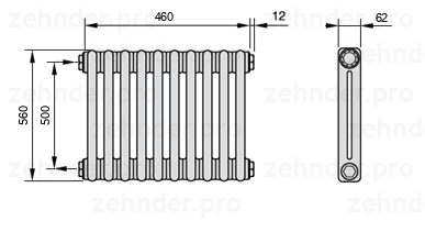 Схема (чертеж) Радиатор Zehnder Charleston 2056/10 №1270 Белый глянцевый RAL 9016